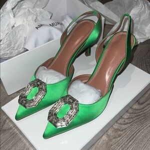 Amina Muaddi Green Satin Slingback Heels